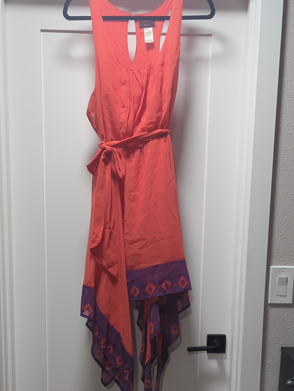 mark. Coral Asymmetrical Handkerchief-Hem Dress with Purple Trim